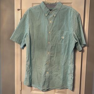 Chaps Easy Care Short Sleeve Button Down Green & White Plaid Shirt